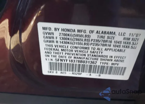 2008 Honda Pilot Se z USA, uszkodzony, nr VIN 5FNYF18378B031362